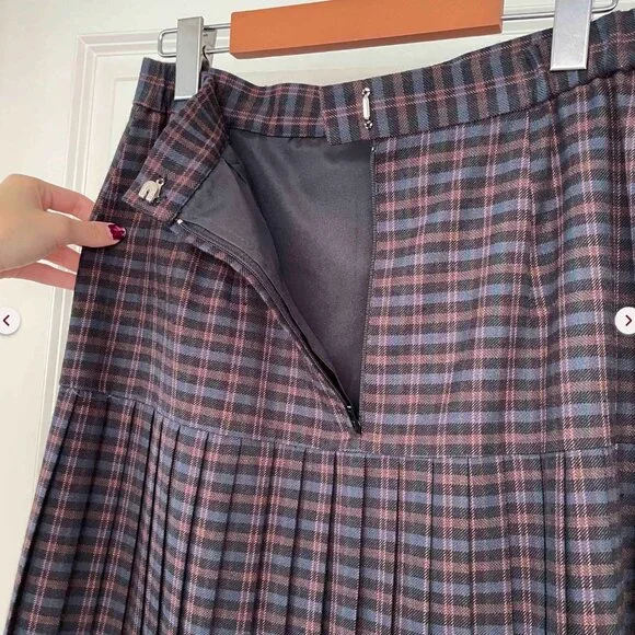 Navy Blue Wool Plaid Midi Skirt (29'') - Picture 6 of 7